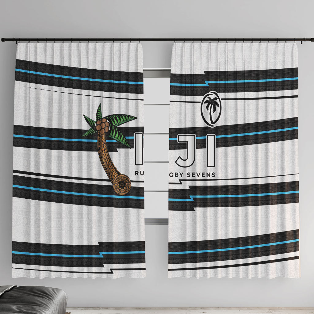 Fijian Rugby Sevens Window Curtain Masi Tapa Pattern Stripes Sporty Style LT03 With Hooks White - Polynesian Pride