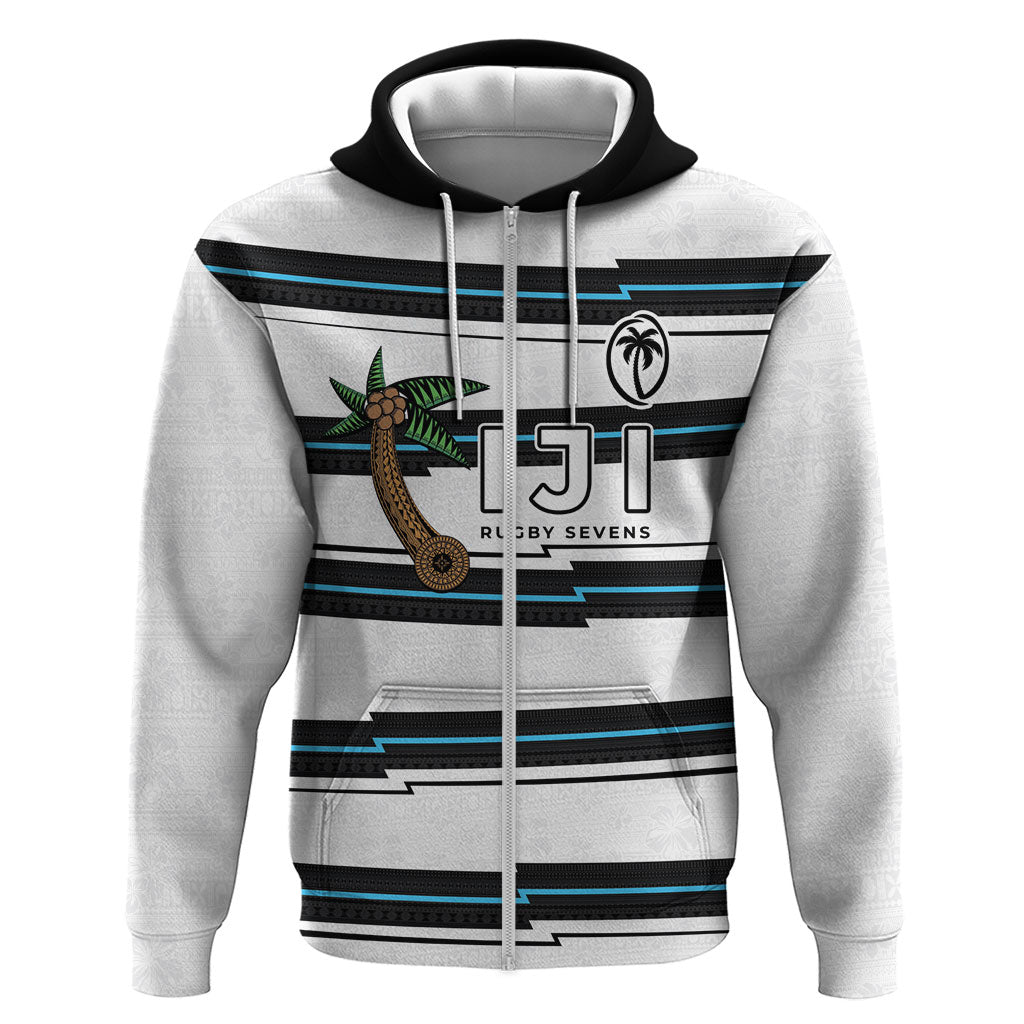 Custom Fijian Rugby Sevens Zip Hoodie Masi Tapa Pattern Stripes Sporty Style LT03 Zip Hoodie White - Polynesian Pride