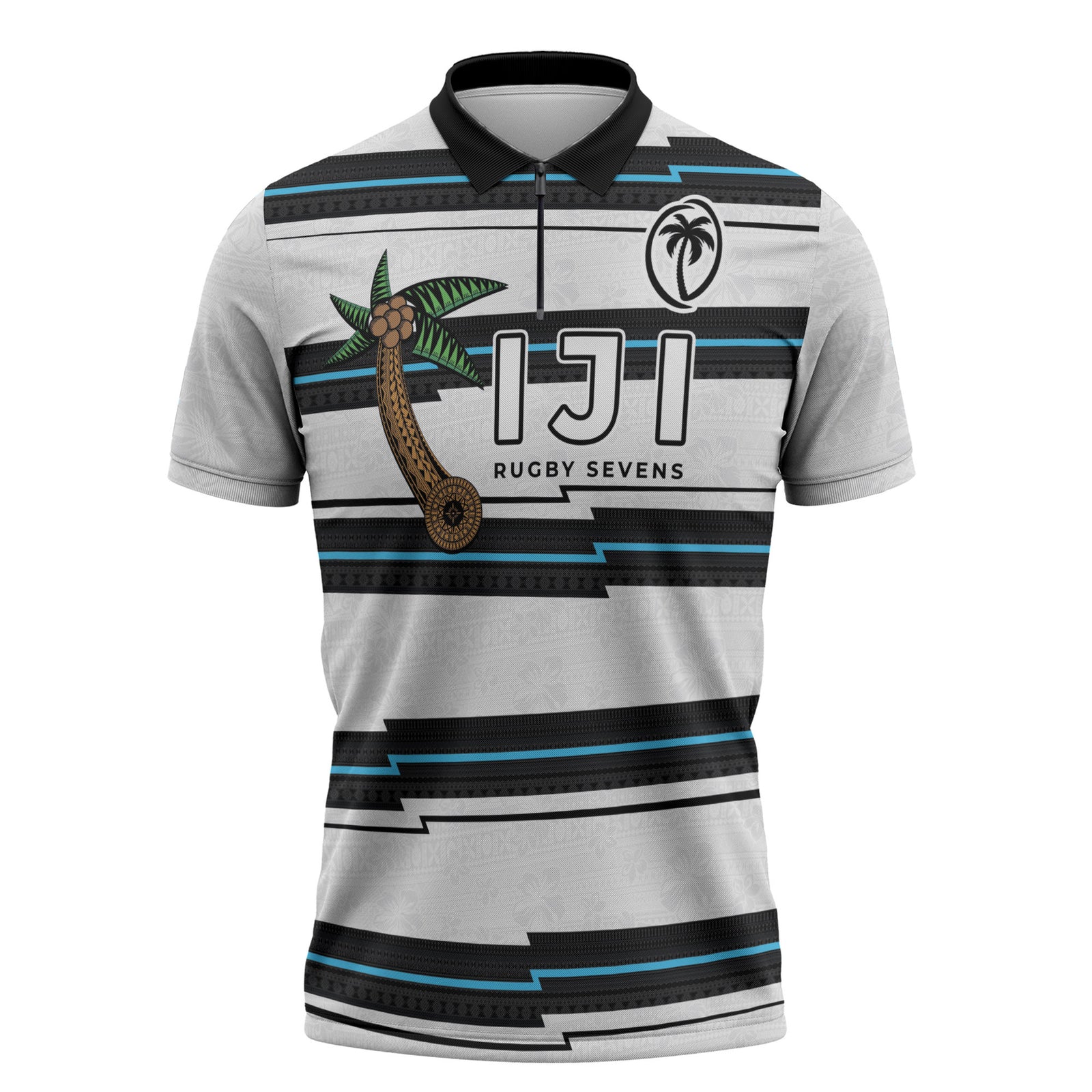 Custom Fijian Rugby Sevens Zipper Polo Shirt Masi Tapa Pattern Stripes Sporty Style LT03 White - Polynesian Pride
