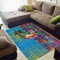 Fijian Coral Reef Area Rug with Traditional Tapa Pattern Split Style