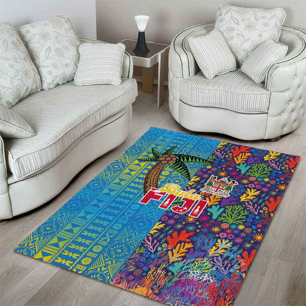 Fijian Coral Reef Area Rug with Traditional Tapa Pattern Split Style