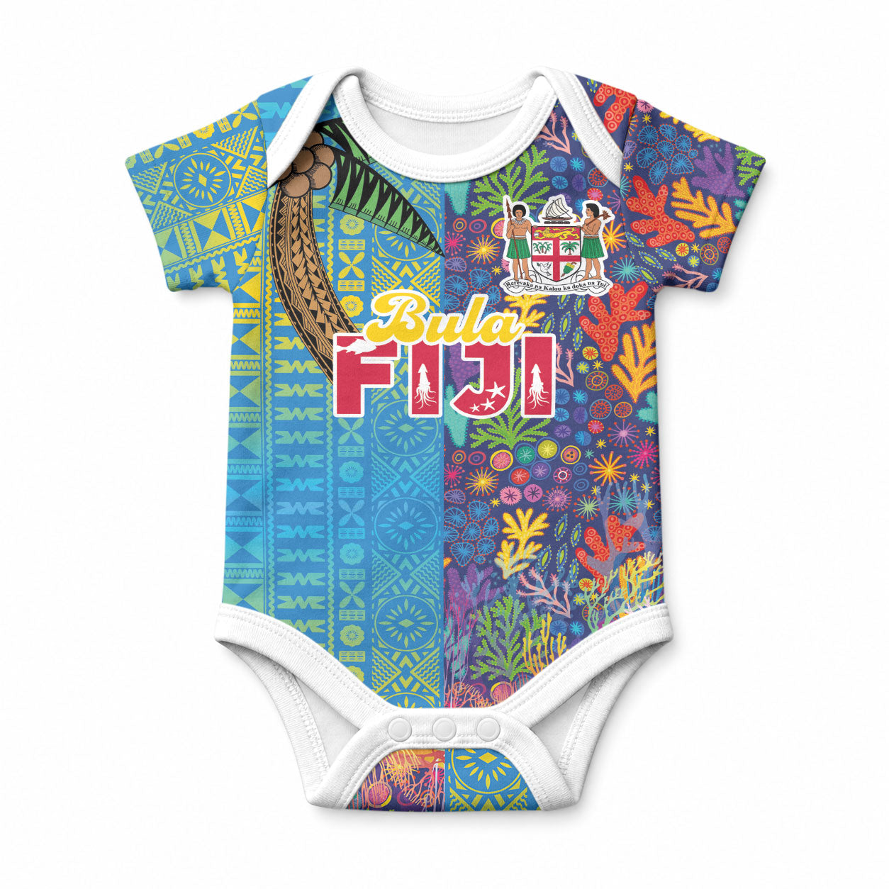Personalised Fijian Coral Reef Baby Onesie with Traditional Tapa Pattern Split Style LT03 Multicolor - Polynesian Pride