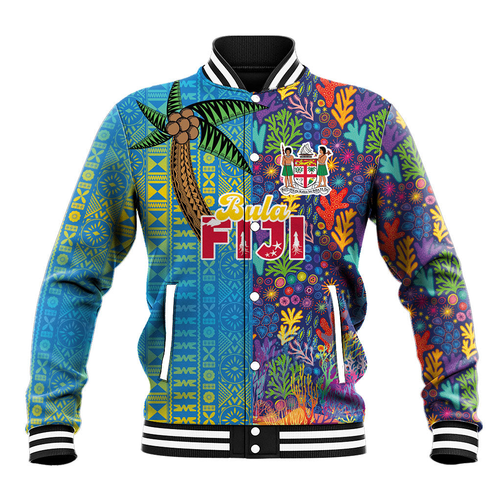 Personalised Fijian Coral Reef Baseball Jacket with Traditional Tapa Pattern Split Style LT03 Unisex Multicolor - Polynesian Pride