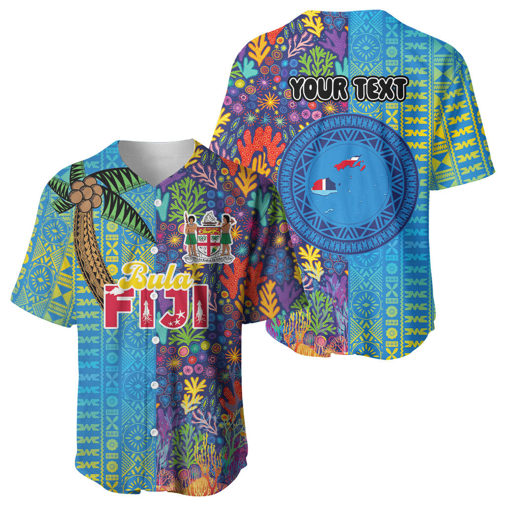Personalised Fijian Coral Reef Baseball Jersey with Traditional Tapa Pattern Split Style LT03 - Polynesian Pride