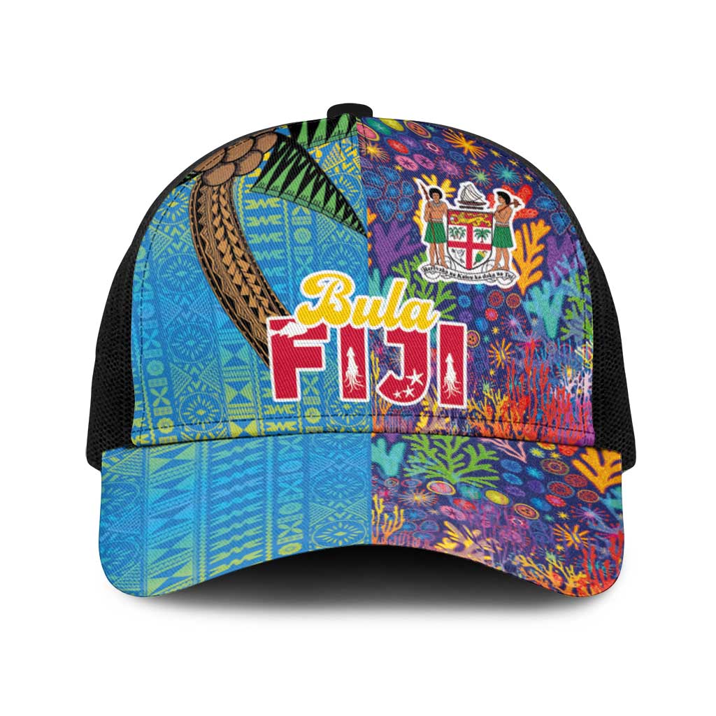 Fijian Coral Reef Baseball Net Cap with Traditional Tapa Pattern Split Style LT03 One Size Black Multicolor - Polynesian Pride