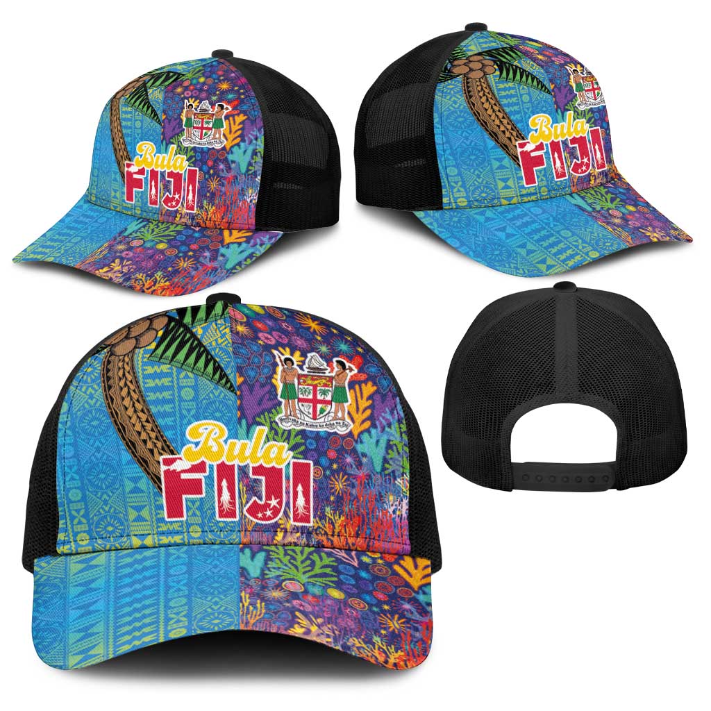 Fijian Coral Reef Baseball Net Cap with Traditional Tapa Pattern Split Style LT03 - Polynesian Pride