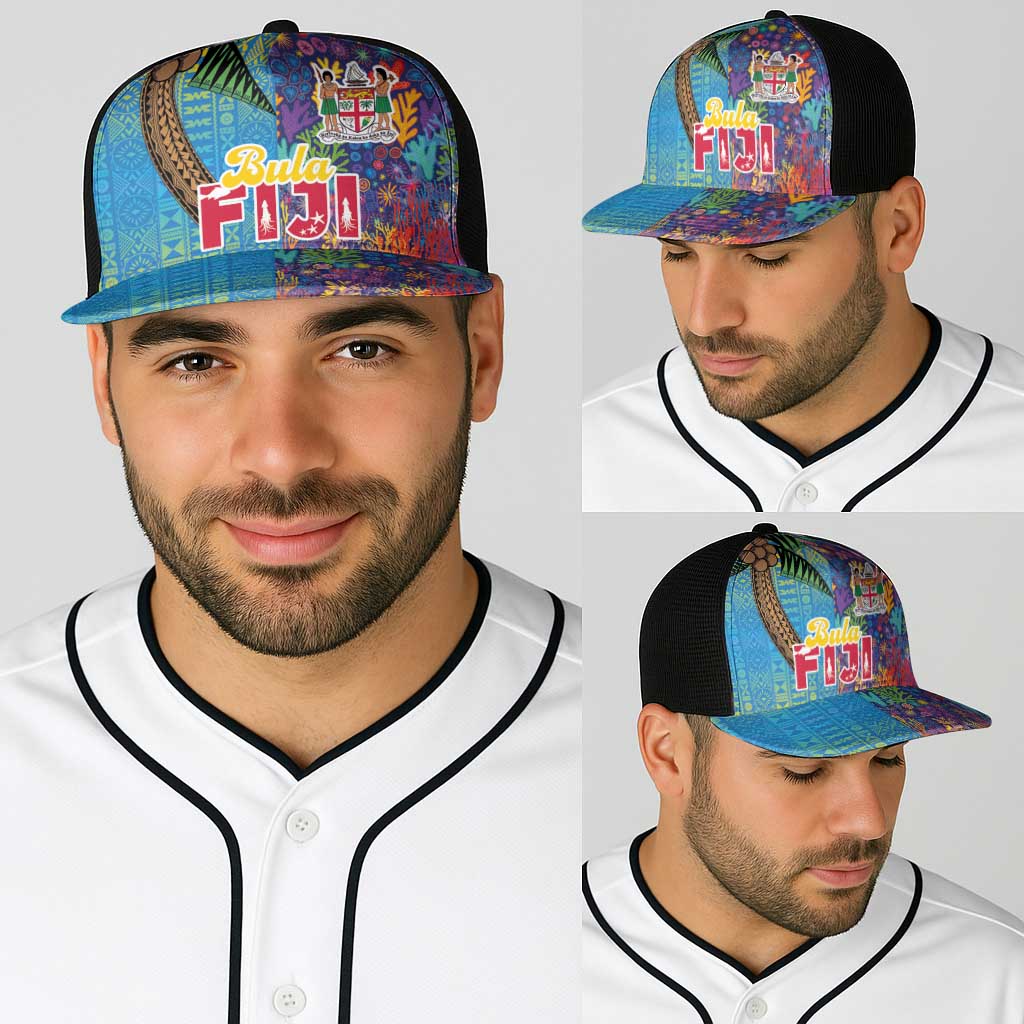 Fijian Coral Reef Baseball Net Cap with Traditional Tapa Pattern Split Style LT03 - Polynesian Pride