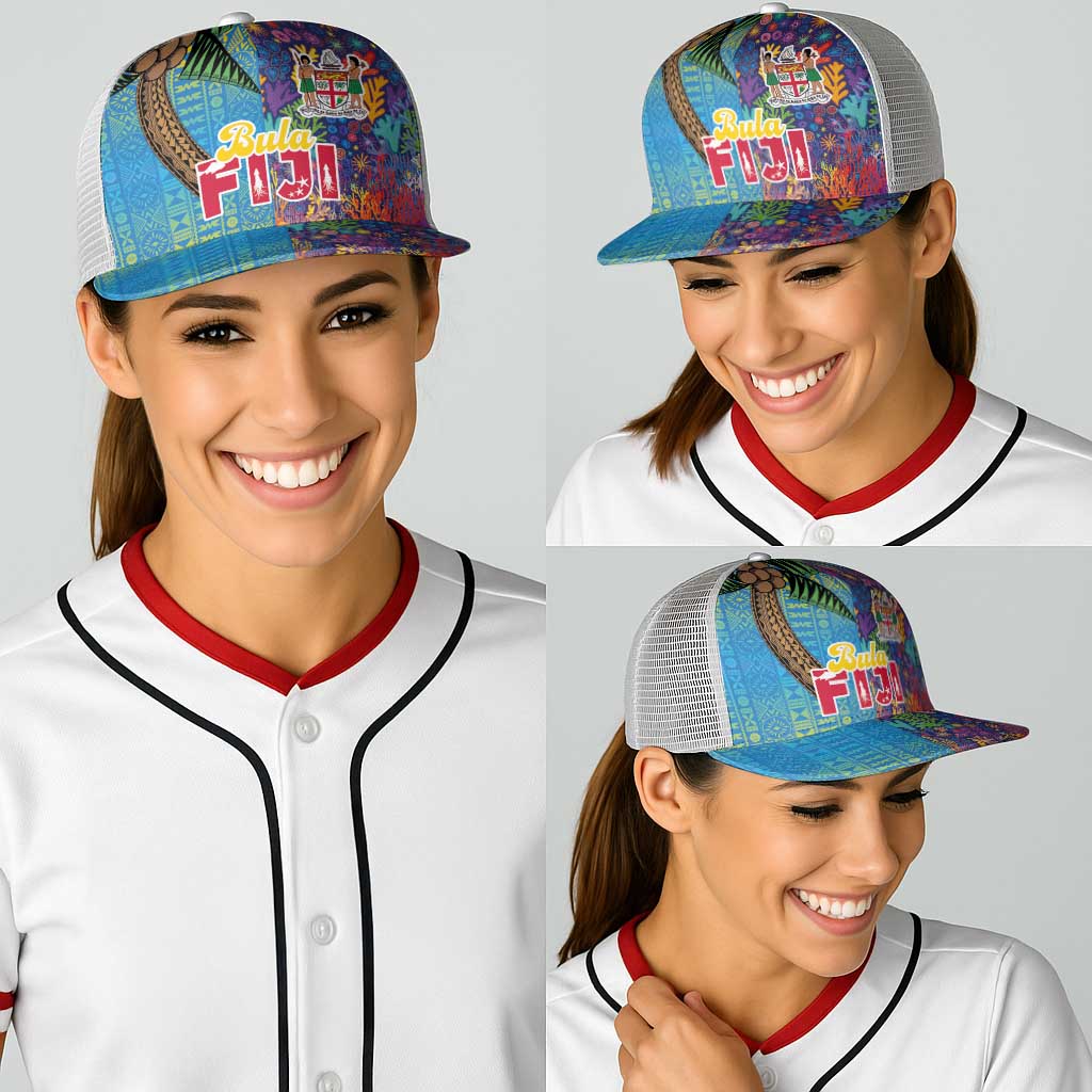 Fijian Coral Reef Baseball Net Cap with Traditional Tapa Pattern Split Style LT03 - Polynesian Pride