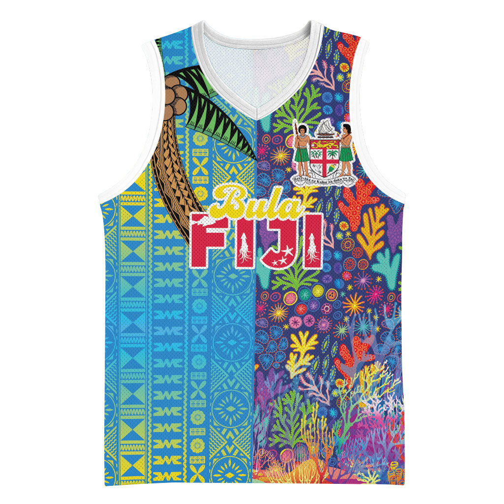 Personalised Fijian Coral Reef Basketball Jersey with Traditional Tapa Pattern Split Style LT03 Unisex Multicolor - Polynesian Pride