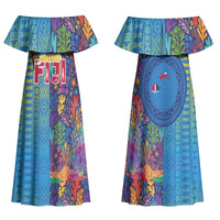 Personalised Fijian Coral Reef Couples Matching Off Shoulder Maxi Dress and Long Sleeve Button Shirt with Traditional Tapa Pattern Split Style LT03 - Polynesian Pride