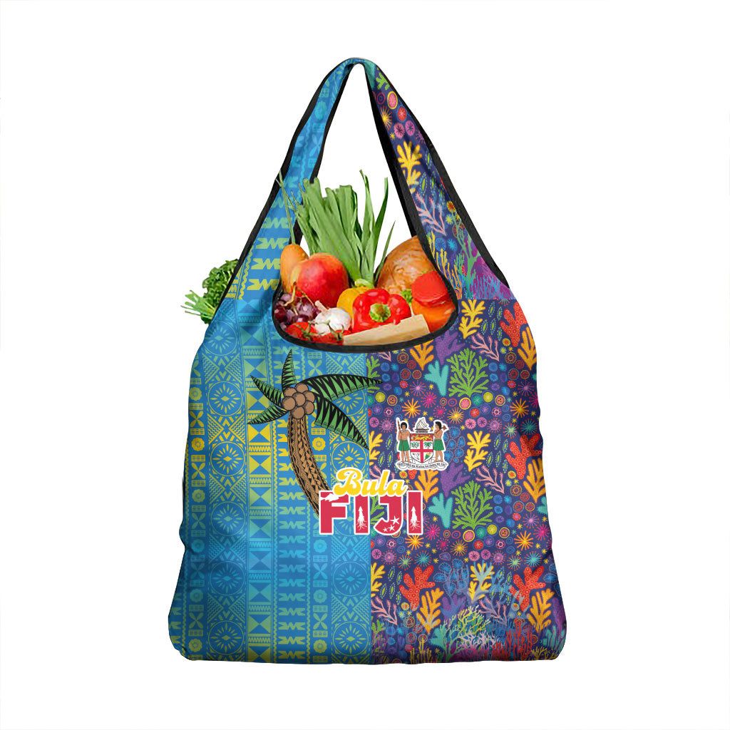 Fijian Coral Reef Grocery Bag with Traditional Tapa Pattern Split Style