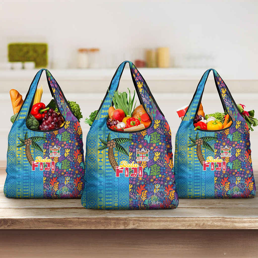 Fijian Coral Reef Grocery Bag with Traditional Tapa Pattern Split Style