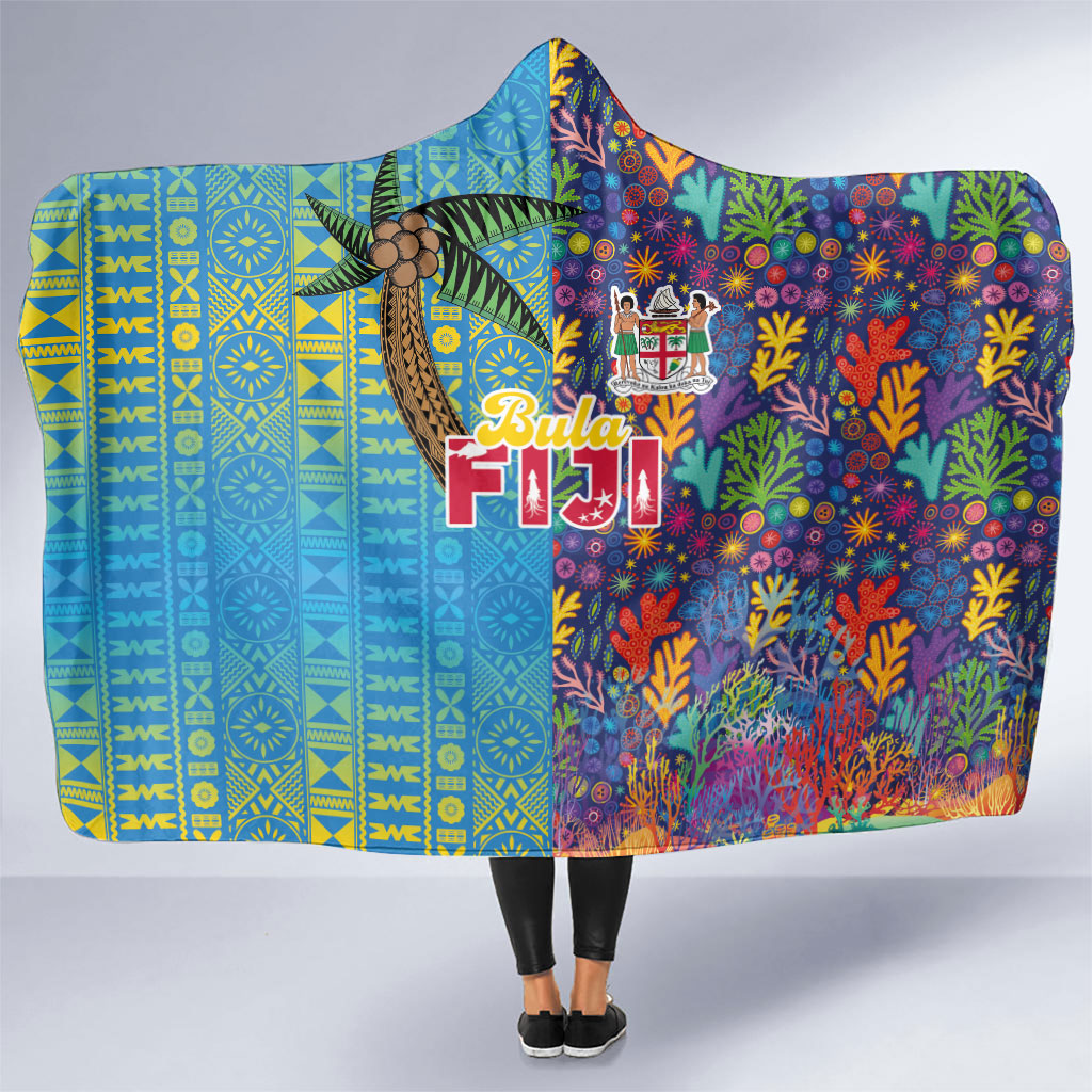 Fijian Coral Reef Hooded Blanket with Traditional Tapa Pattern Split Style LT03 One Size Multicolor - Polynesian Pride