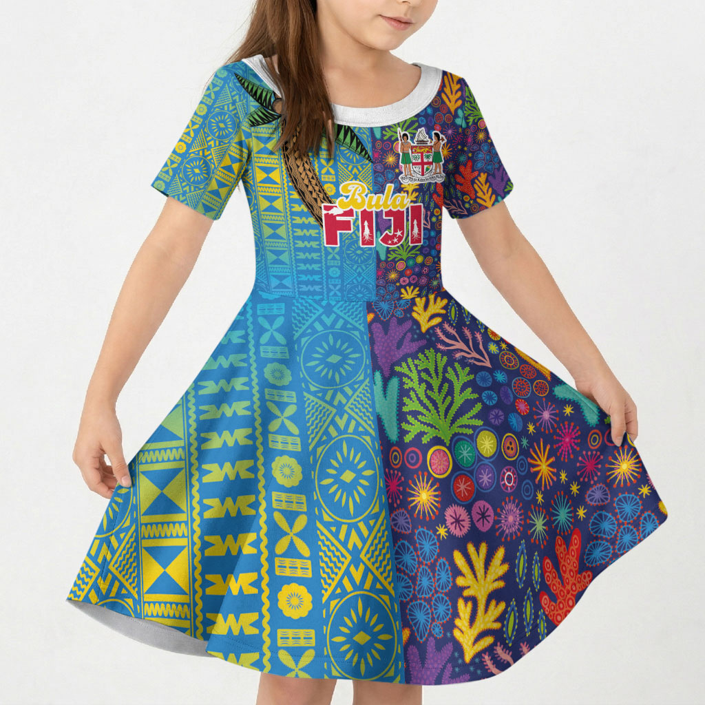 Personalised Fijian Coral Reef Kid Short Sleeve Dress with Traditional Tapa Pattern Split Style LT03 KID Multicolor - Polynesian Pride