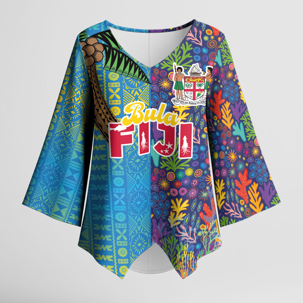 Personalised Fijian Coral Reef Kimono Sleeve Blouse with Traditional Tapa Pattern Split Style LT03 Female Multicolor - Polynesian Pride