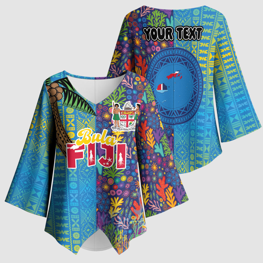 Personalised Fijian Coral Reef Kimono Sleeve Blouse with Traditional Tapa Pattern Split Style LT03 - Polynesian Pride