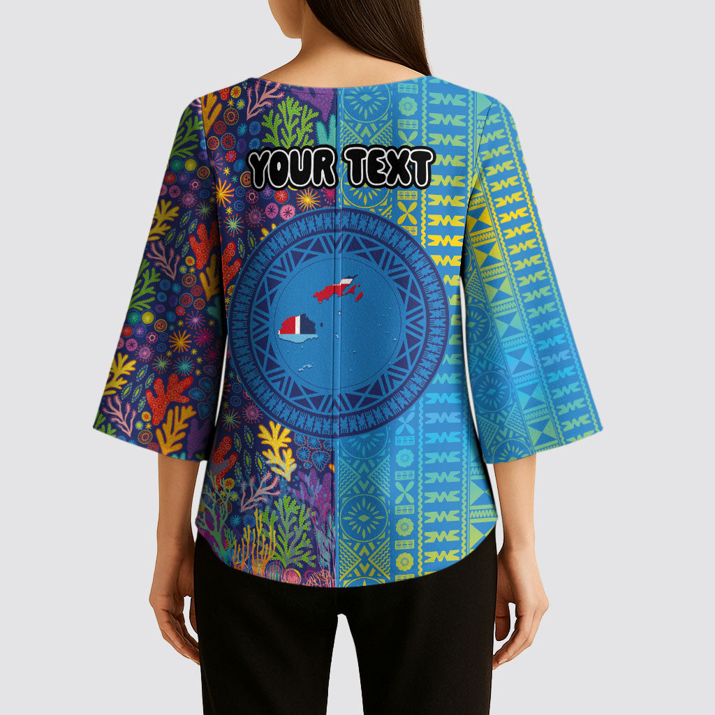 Personalised Fijian Coral Reef Kimono Sleeve Blouse with Traditional Tapa Pattern Split Style LT03 - Polynesian Pride