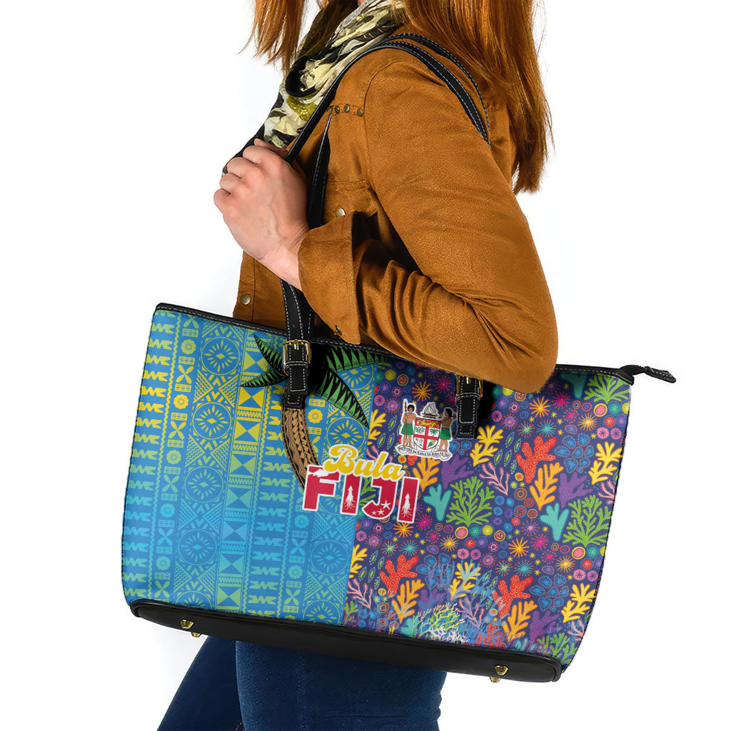 Fijian Coral Reef Leather Tote Bag with Traditional Tapa Pattern Split Style LT03 Multicolor - Polynesian Pride