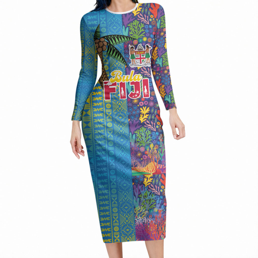 Personalised Fijian Coral Reef Long Sleeve Bodycon Dress with Traditional Tapa Pattern Split Style LT03 Long Dress Multicolor - Polynesian Pride