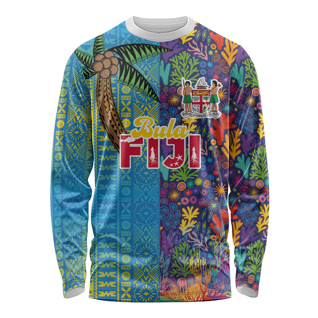 Personalised Fijian Coral Reef Long Sleeve Shirt with Traditional Tapa Pattern Split Style LT03 Unisex Multicolor - Polynesian Pride