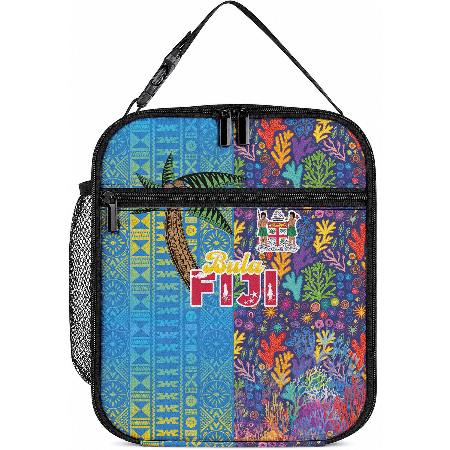 Fijian Coral Reef Lunch Bag with Traditional Tapa Pattern Split Style LT03 10.2 × 8.3 × 4.3 inch Multicolor - Polynesian Pride