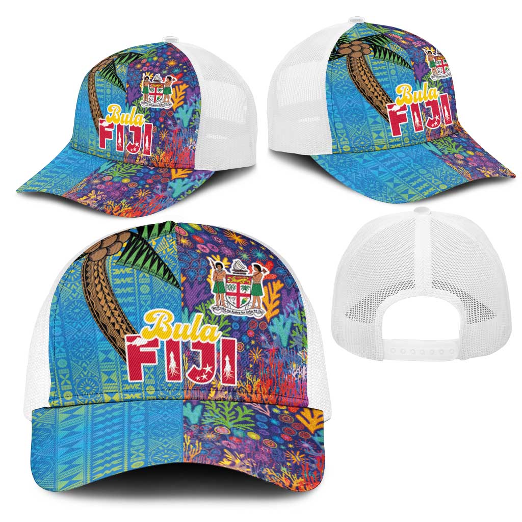 Fijian Coral Reef Mesh Trucker Cap with Traditional Tapa Pattern Split Style LT03 - Polynesian Pride