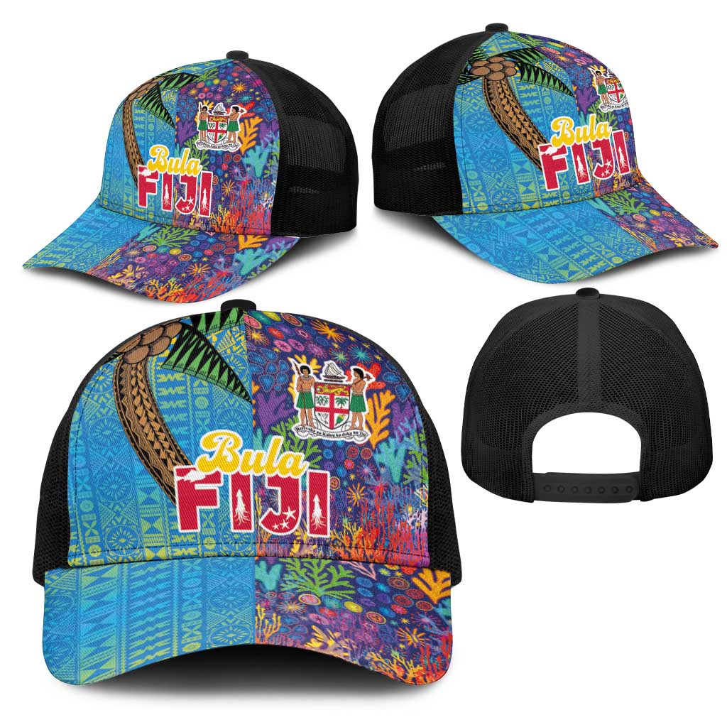 Fijian Coral Reef Mesh Trucker Cap with Traditional Tapa Pattern Split Style LT03 - Polynesian Pride