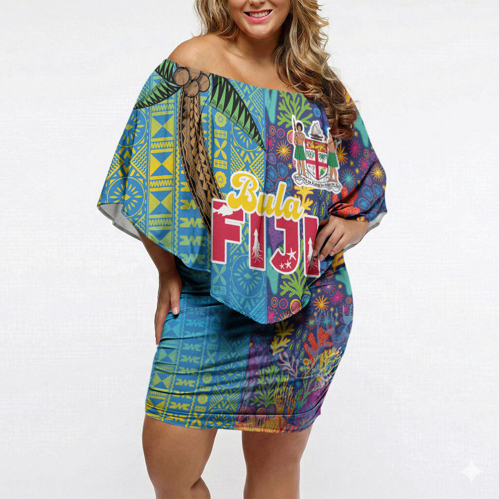 Personalised Fijian Coral Reef Off Shoulder Short Dress with Traditional Tapa Pattern Split Style LT03 Women Multicolor - Polynesian Pride