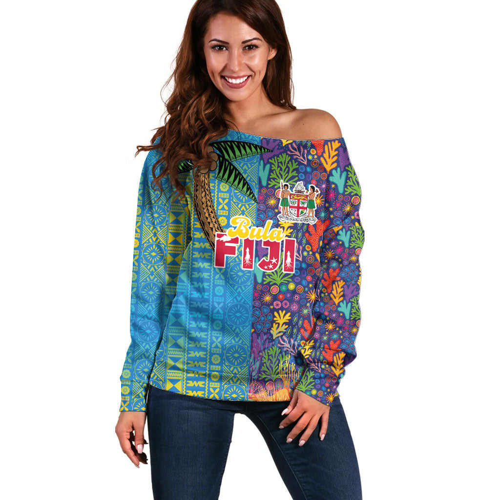 Personalised Fijian Coral Reef Off Shoulder Sweater with Traditional Tapa Pattern Split Style LT03 Women Multicolor - Polynesian Pride