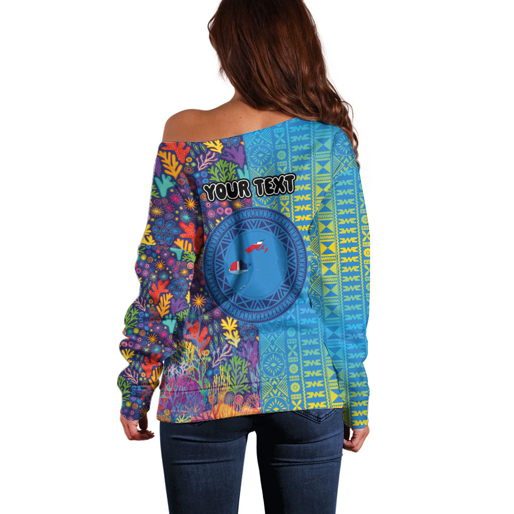 Personalised Fijian Coral Reef Off Shoulder Sweater with Traditional Tapa Pattern Split Style LT03 - Polynesian Pride