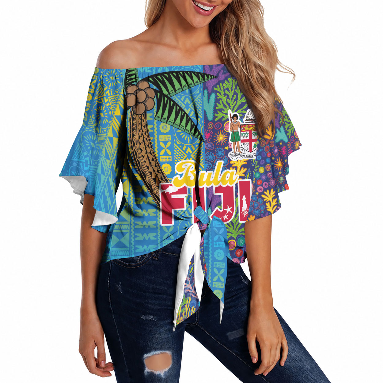 Personalised Fijian Coral Reef Off Shoulder Wrap Waist Top with Traditional Tapa Pattern Split Style LT03 Multicolor - Polynesian Pride