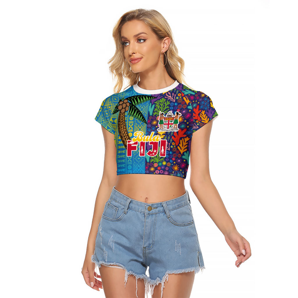 Personalised Fijian Coral Reef Raglan Cropped T Shirt with Traditional Tapa Pattern Split Style LT03 Female Multicolor - Polynesian Pride