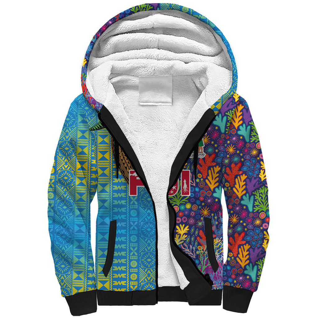 Personalised Fijian Coral Reef Sherpa Hoodie with Traditional Tapa Pattern Split Style LT03 Unisex Multicolor - Polynesian Pride