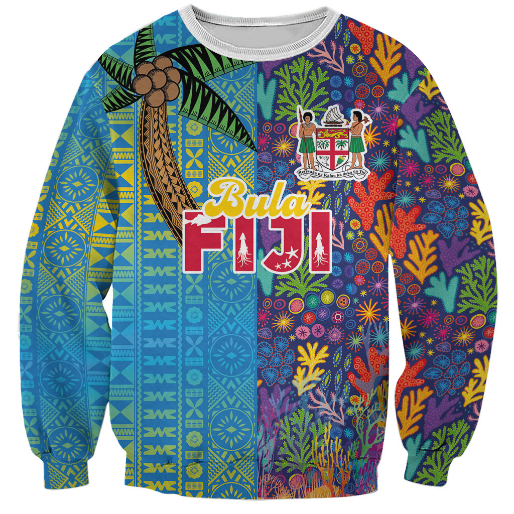 Personalised Fijian Coral Reef Sweatshirt with Traditional Tapa Pattern Split Style LT03 Unisex Multicolor - Polynesian Pride