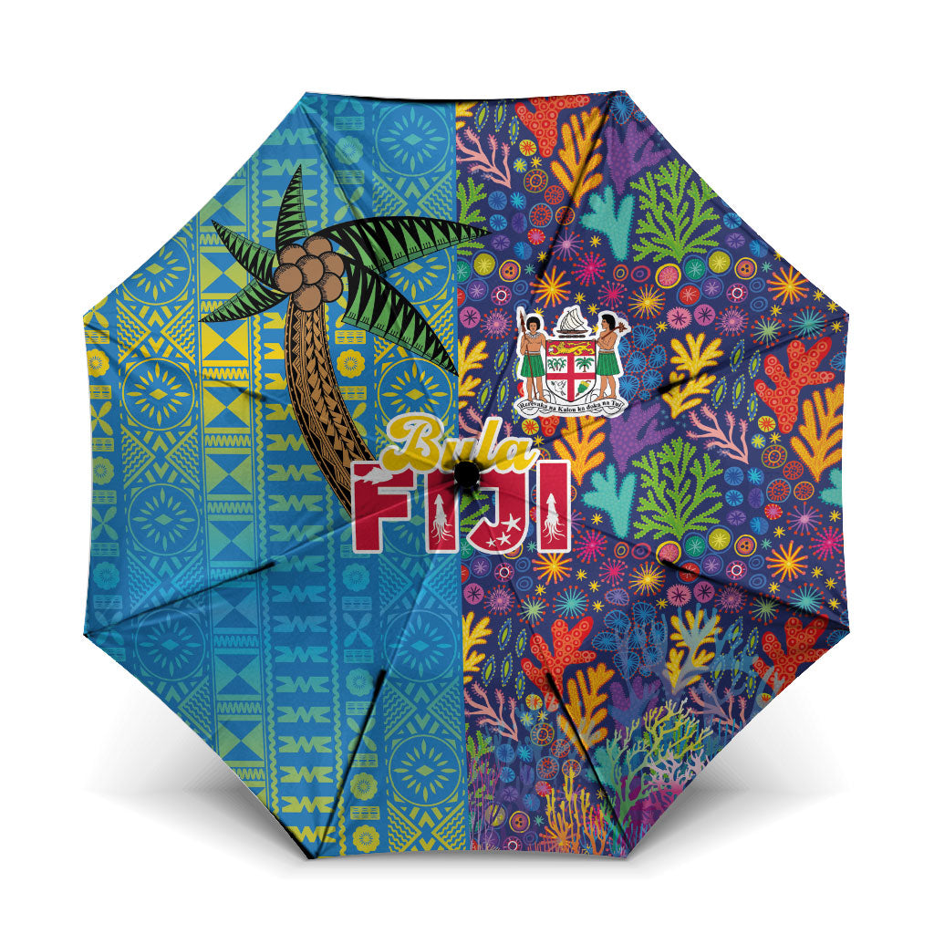 Fijian Coral Reef Umbrella with Traditional Tapa Pattern Split Style LT03 One Size Folded 11.42 inch Opened Diameter 37.4 inch Multicolor - Polynesian Pride