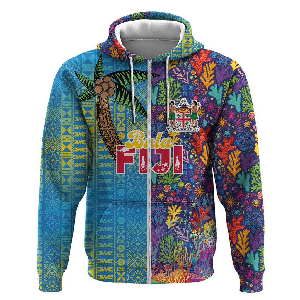 Personalised Fijian Coral Reef Zip Hoodie with Traditional Tapa Pattern Split Style LT03 Zip Hoodie Multicolor - Polynesian Pride