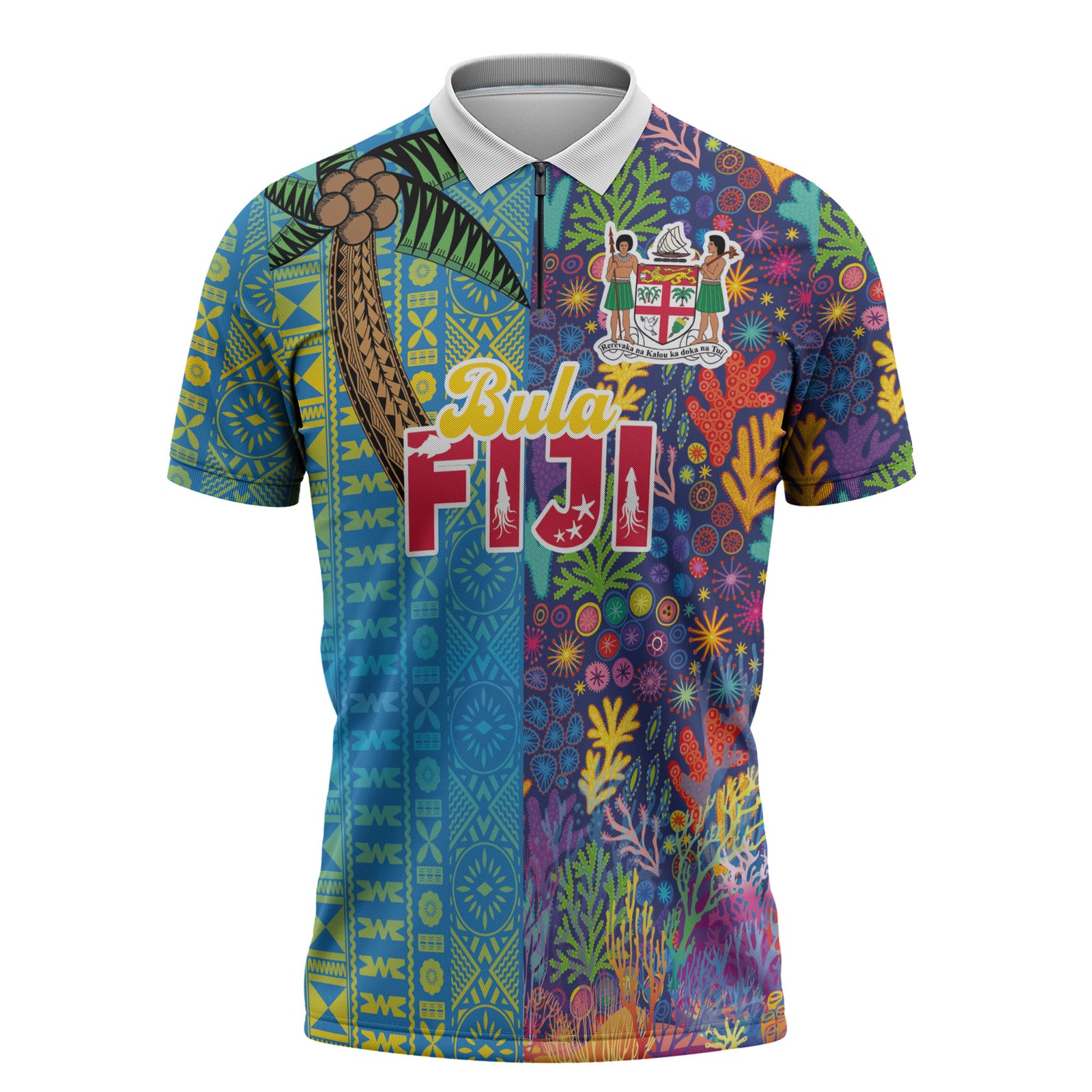 Personalised Fijian Coral Reef Zipper Polo Shirt with Traditional Tapa Pattern Split Style LT03 Multicolor - Polynesian Pride