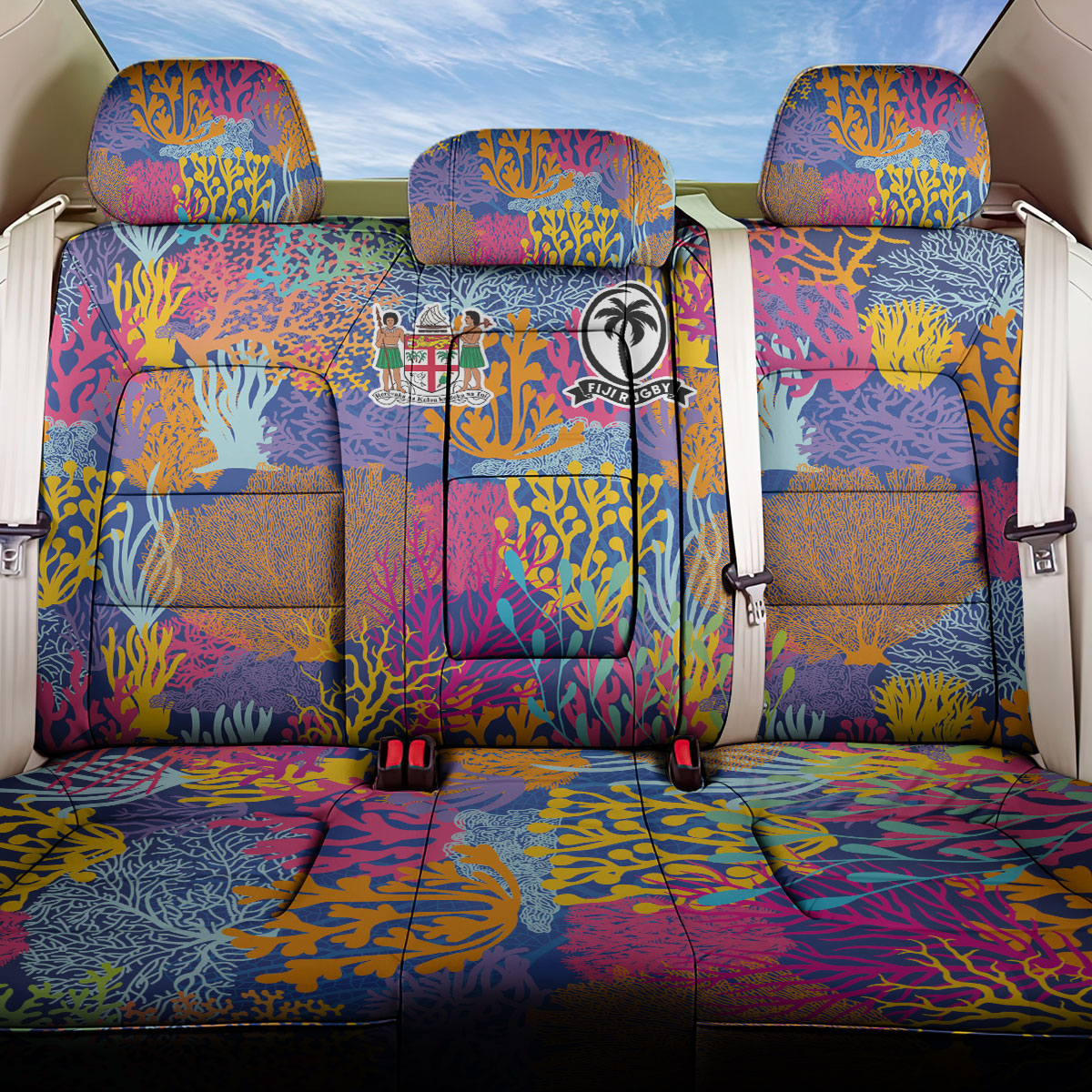 Fijian Rugby Back Car Seat Cover Colorful Coral Reef Pre Match Design LT03 One Size Multicolor - Polynesian Pride