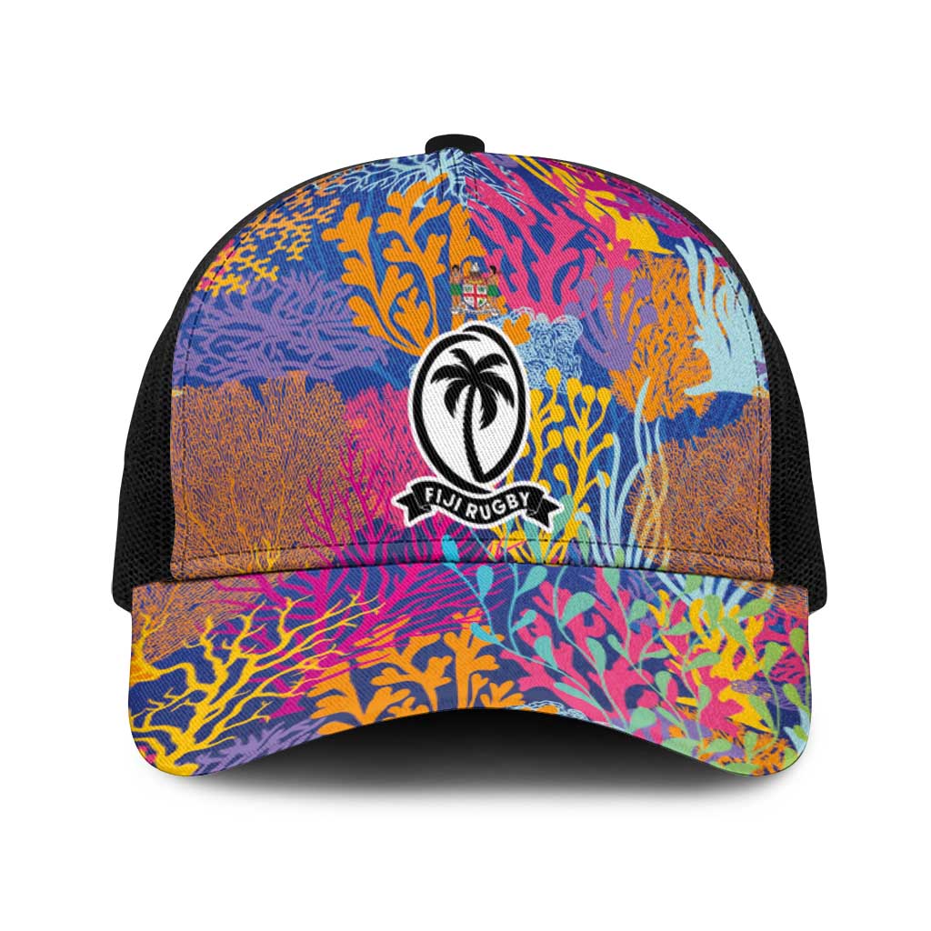 Fijian Rugby Baseball Net Cap Colorful Coral Reef Pre Match Design LT03 One Size Black Multicolor - Polynesian Pride