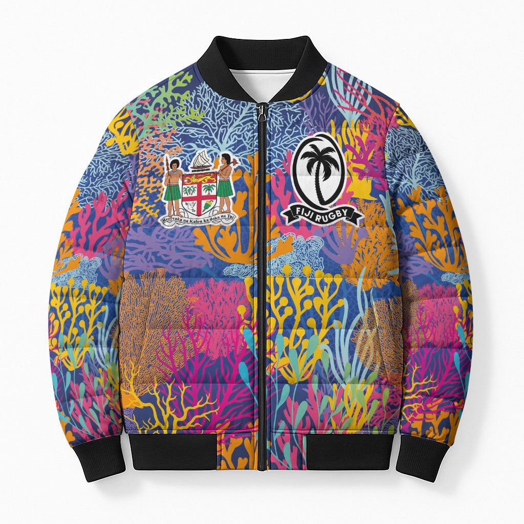 Custom Fijian Rugby Bomber Puffer Jacket Colorful Coral Reef Pre Match Design LT03 Unisex Multicolor - Polynesian Pride