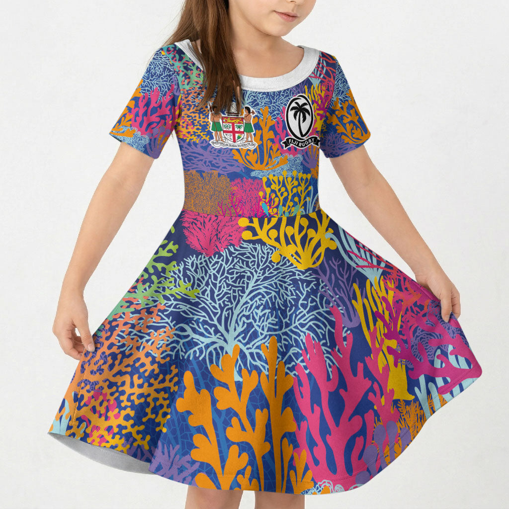 Custom Fijian Rugby Kid Short Sleeve Dress Colorful Coral Reef Pre Match Design LT03 KID Multicolor - Polynesian Pride