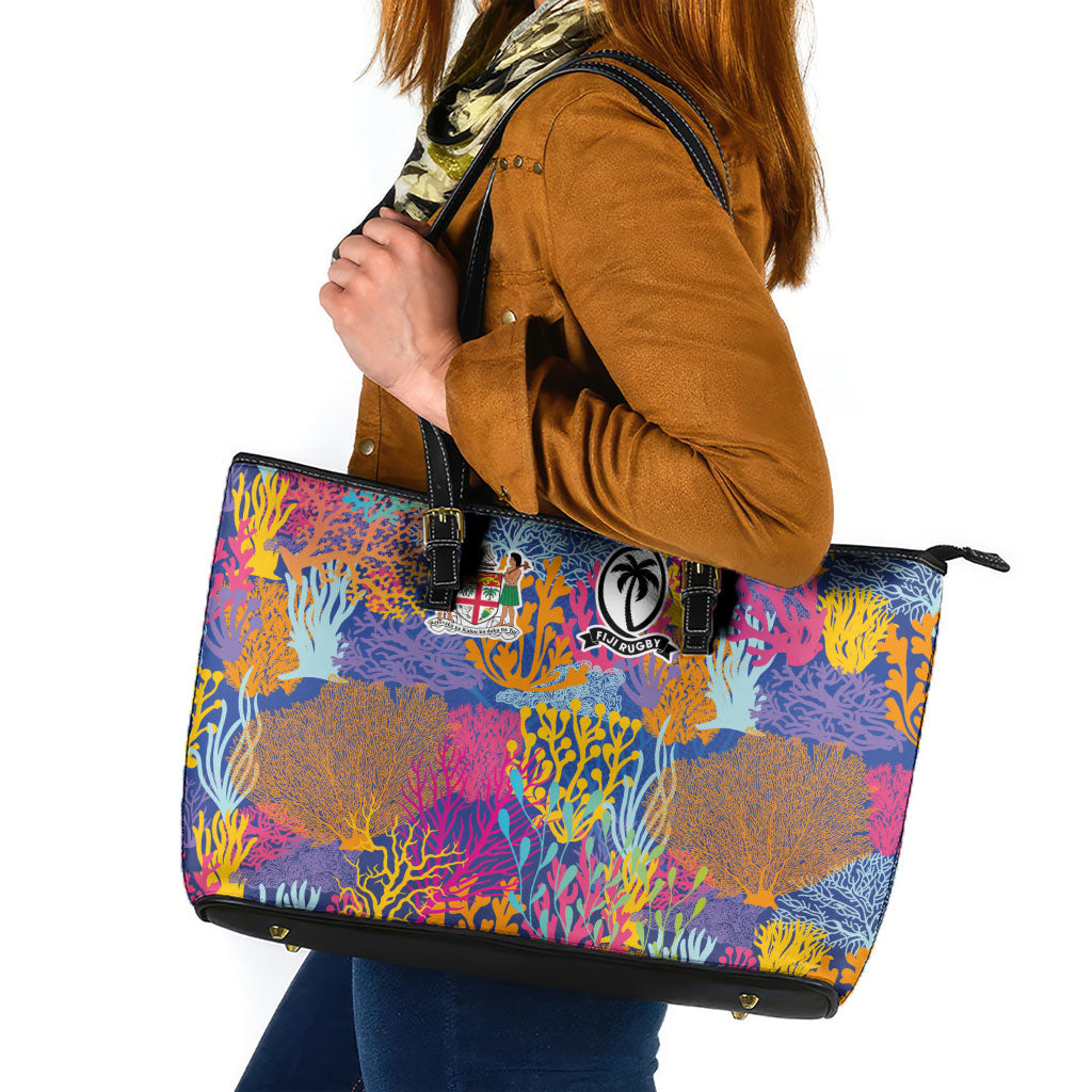 Fijian Rugby Leather Tote Bag Colorful Coral Reef Pre Match Design LT03 Multicolor - Polynesian Pride
