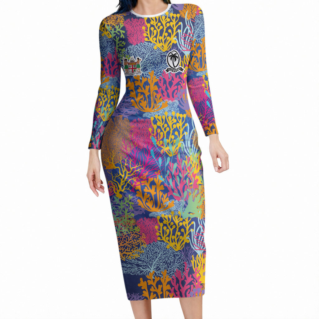 Custom Fijian Rugby Long Sleeve Bodycon Dress Colorful Coral Reef Pre Match Design LT03 Long Dress Multicolor - Polynesian Pride