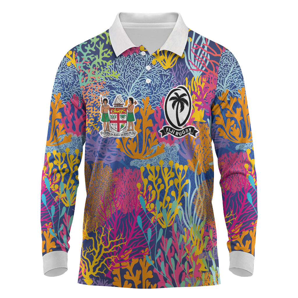 Custom Fijian Rugby Long Sleeve Polo Shirt Colorful Coral Reef Pre Match Design LT03 Multicolor - Polynesian Pride