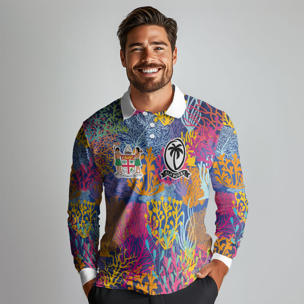 Custom Fijian Rugby Long Sleeve Polo Shirt Colorful Coral Reef Pre Match Design LT03 - Polynesian Pride