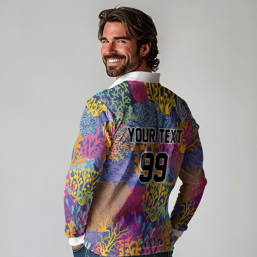 Custom Fijian Rugby Long Sleeve Polo Shirt Colorful Coral Reef Pre Match Design LT03 - Polynesian Pride