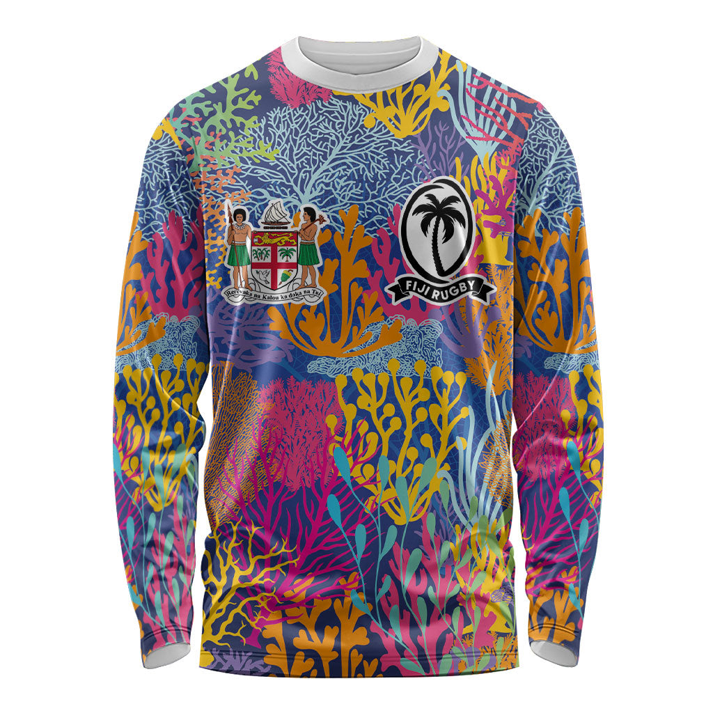 Custom Fijian Rugby Long Sleeve Shirt Colorful Coral Reef Pre Match Design LT03 Unisex Multicolor - Polynesian Pride