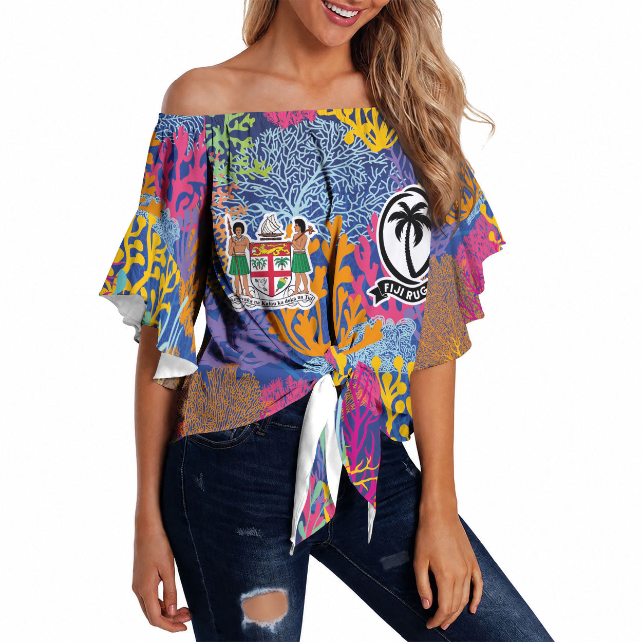 Custom Fijian Rugby Off Shoulder Wrap Waist Top Colorful Coral Reef Pre Match Design LT03 Multicolor - Polynesian Pride