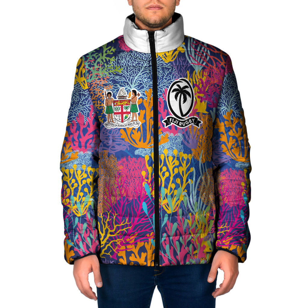 Custom Fijian Rugby Padded Jacket Colorful Coral Reef Pre Match Design LT03 Men Multicolor - Polynesian Pride