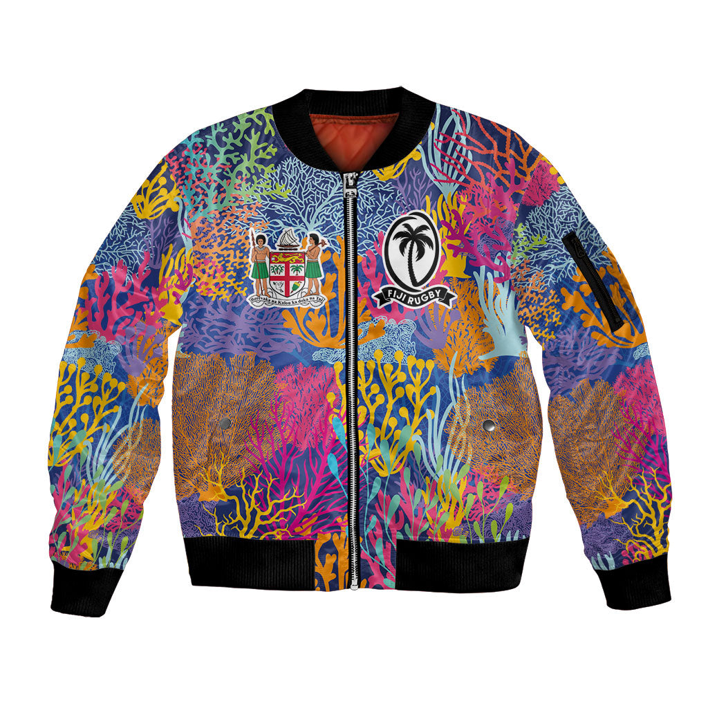 Custom Fijian Rugby Sleeve Zip Bomber Jacket Colorful Coral Reef Pre Match Design LT03 Unisex Multicolor - Polynesian Pride